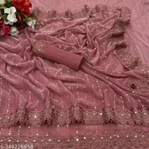 SHIMMER SAREE WITH MIRROR WORK AND CHEMICAL LACE AND DIMOND HAND WORK