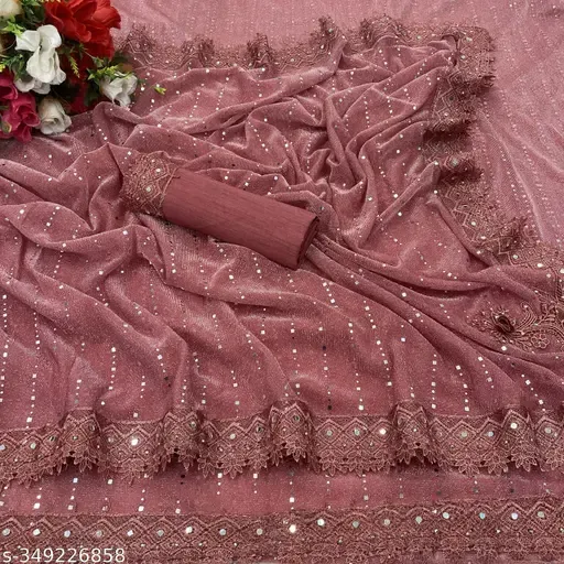 SHIMMER SAREE WITH MIRROR WORK AND CHEMICAL LACE AND DIMOND HAND WORK