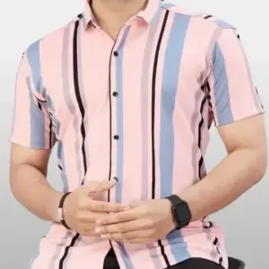STI Men's Vertical Stripes Regular Spread Collar Pink Shirts