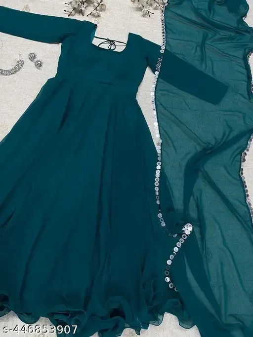 Teal solid anarkali georgette gown
