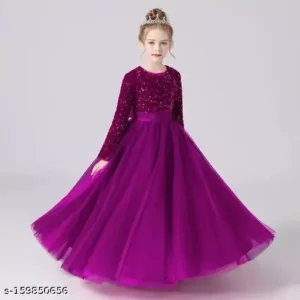 Trendy Round Neck Purple sequin work full length western wear dress for girls