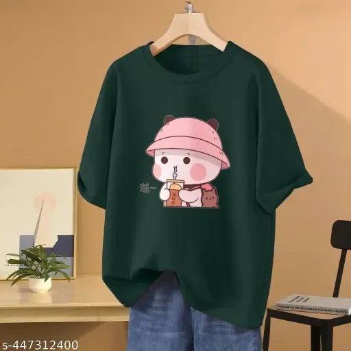 Firi Fancy Faminine Women Printed Panda Half Sleeve Green Color Corean Tees T-shirt