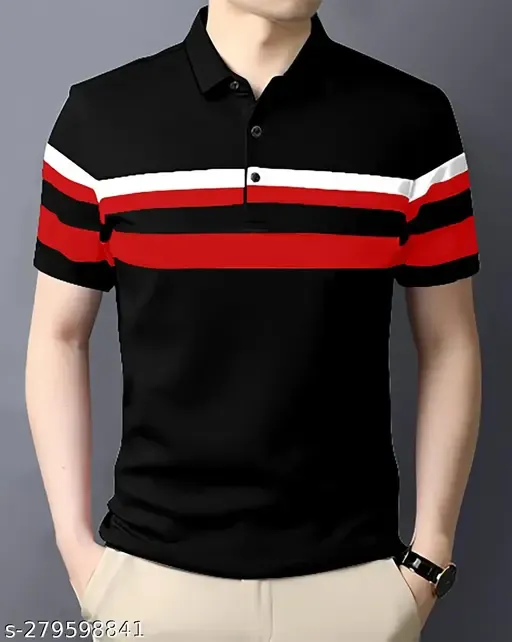 GESPO Men's Striped Polo Black Tshirts