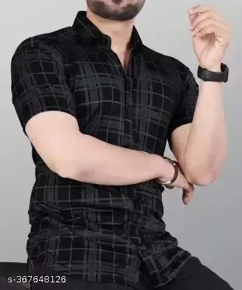 STI Men's Checked Regular Spread Collar Black Shirts