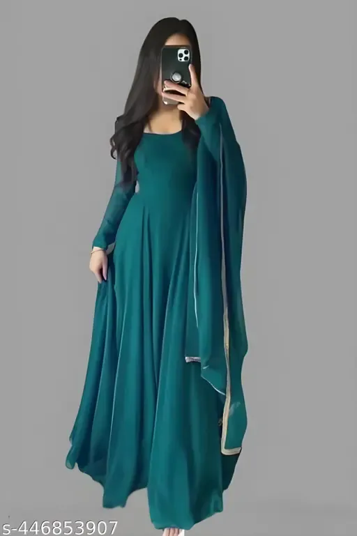 Teal solid anarkali georgette gown - Image 2