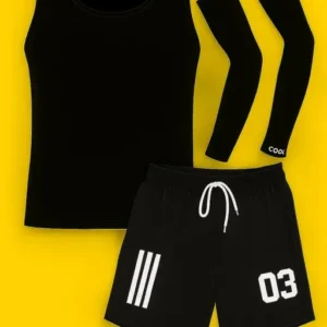 Men’s Gym Combo Set BLACK Sports Shorts, Black Sando & Arm Sleeves