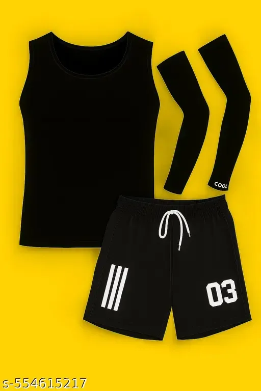Men’s Gym Combo Set BLACK Sports Shorts, Black Sando & Arm Sleeves